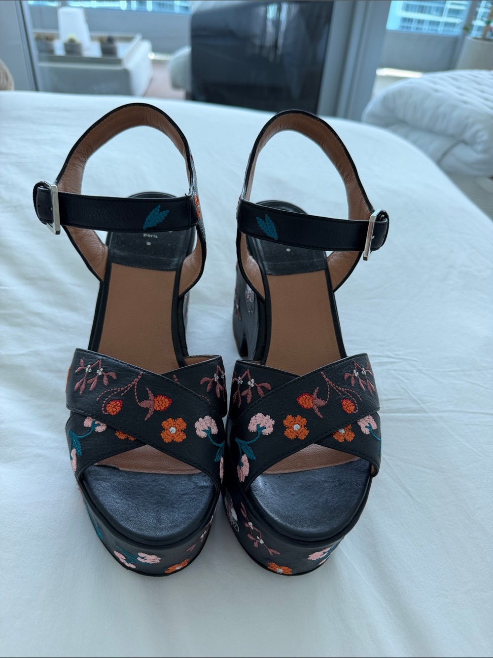 Laurence Dacade Black Embroidered Floral Platform Sandals